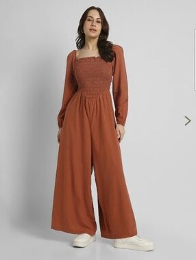 Smocked Rust Wide-Leg Jumpsuit with Long Sleeves